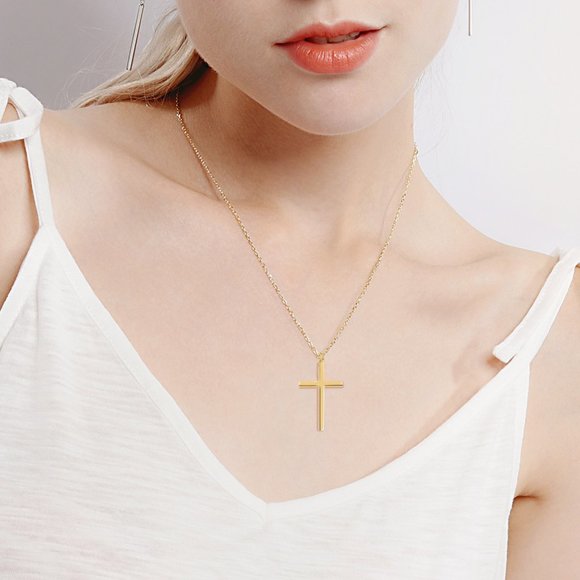 Gold Plated Simple Religious Smooth Cross Pendant Necklace Unisex - Picture 7 of 7